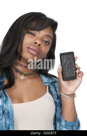 Woman with cracked phone screen Stock Photo