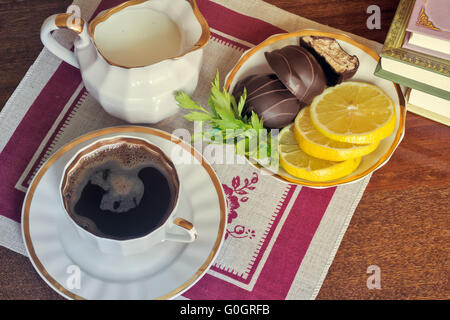 Still life : a Cup of black coffee on the table. Stock Photo