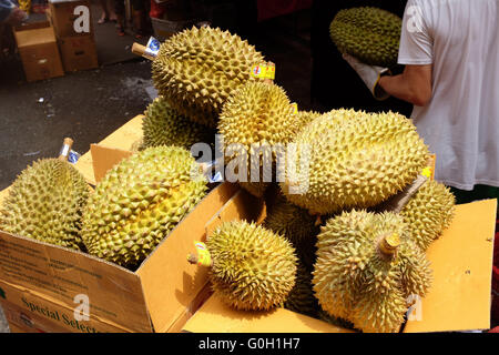 Durian fruit on sale at a market in Hong Kong. Stock Photo
