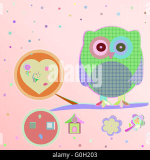Invitation card - owls in love sitting on the branch, vector illustration Stock Photo