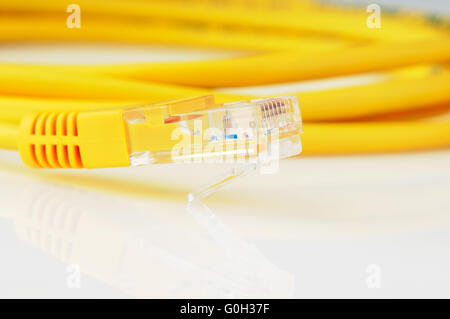 Yellow copper data cable close-up on mirrored surface Stock Photo