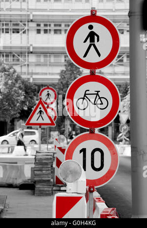 traffic signs at a construction site in downtown Berlin Stock Photo