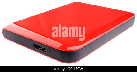 External hard disk drive on red case isolated on the white Stock Photo