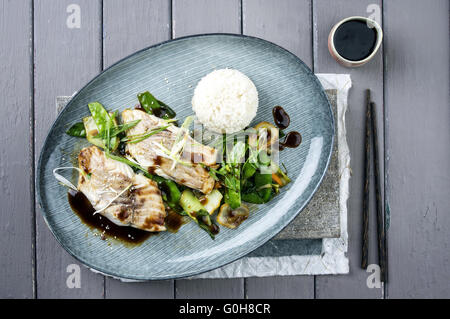 Saithe Filet Teriyaki with Vegetable and Rice Stock Photo