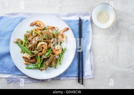 KingPrawns with Rice Noodles and Vegetable on Plate Stock Photo