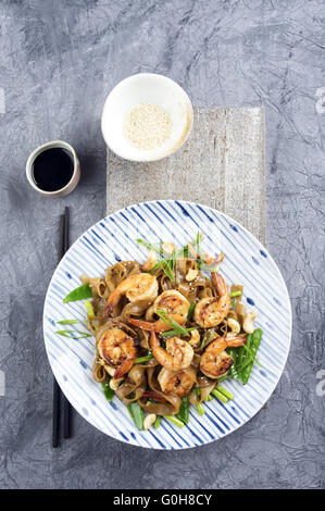 Kingprawns with Rice Noodles and Vegetable on Plate Stock Photo