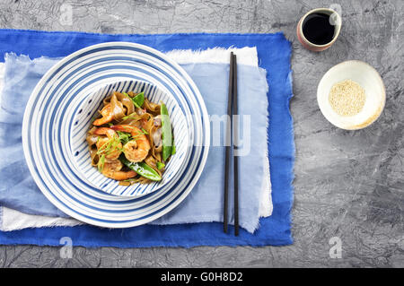 Kingprawn with Rice Noodles and Vegetable in Bowl Stock Photo