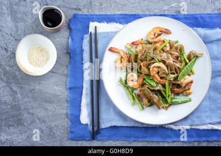 Kingprawns with Rice Noodles and Vegetable on Plate Stock Photo