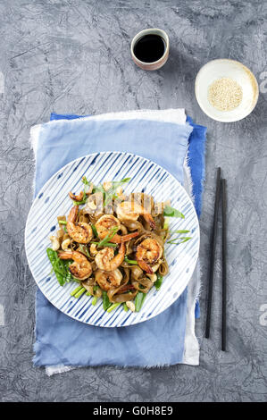 Kingprawns with Rice Noodles and Vegetable on Plate Stock Photo