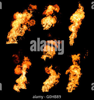 Raging fire tongues and spurts of flame texture photo set isolated on black background Stock Photo