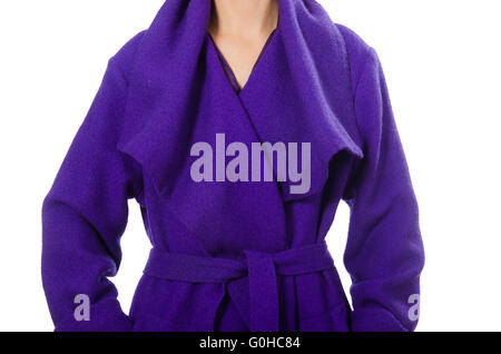 Model in purple coat isolated on white