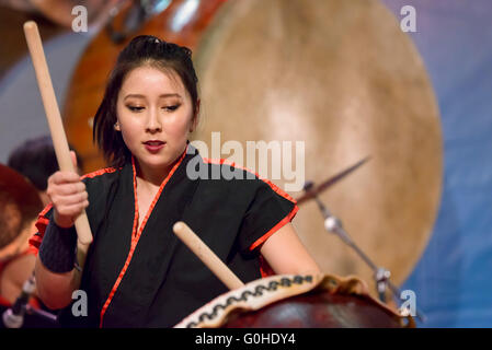 at the fair Festival of the East in Bologna, the spectacle of Masa Daiko group, players of ancient Japanese drums Stock Photo