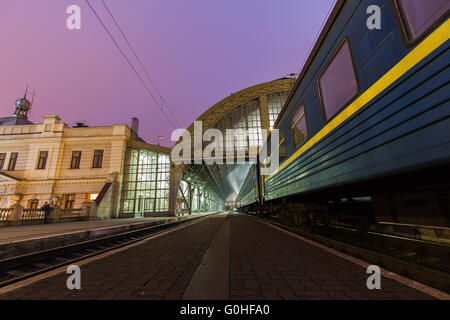 The train on the platform of railroad station in Lviv . Stock Photo