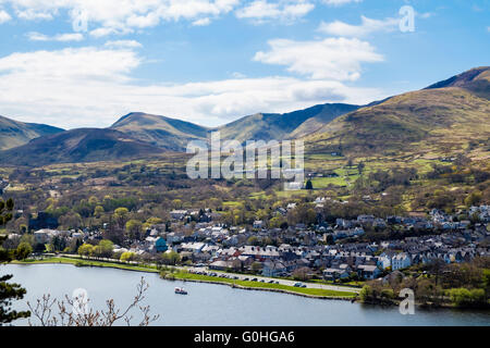 High view across Llyn Padarn lake in Padarn Country Park to Llanberis village surrounded by mountains of Snowdonia Wales UK Stock Photo
