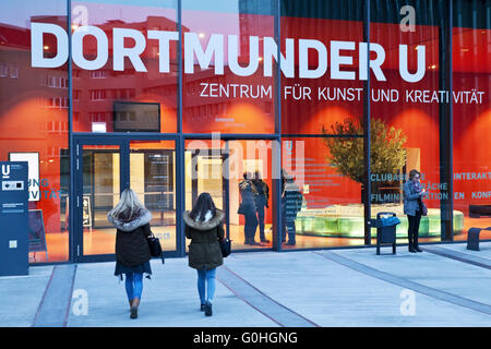 visitors in front of entrance of the Dortmund U-Tower, center for arts and creativity, Germany Stock Photo