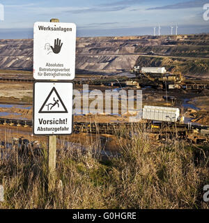 warning sign in front of Garzweiler II brown coal surface mining, Garzweiler, Juechen, Germany Stock Photo