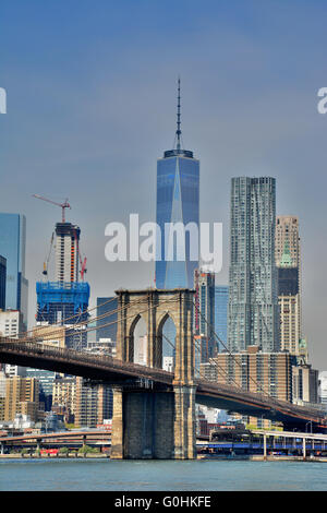 Downtown Manhattan, shot from Brooklyn, beneath the Brooklyn Bridge Stock Photo