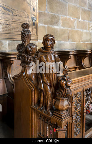 Wooden carvings in the chancel of the Cathedral of the Peak in the village of Tideswell, Derbyshire. Stock Photo