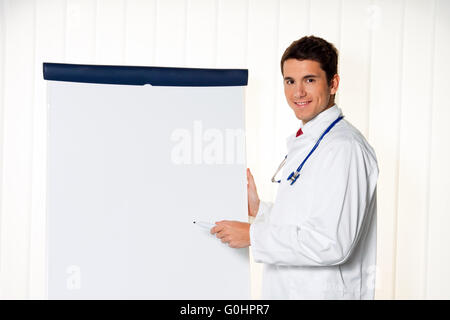 Successful doctor with a flip chart for presentation in Meetin Stock Photo