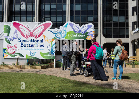 Visitors queue in front of the National History Museum's Sensational Butterflies exhibition in London's 'Museum Quarter' Stock Photo