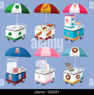 Set of Mobile Food Umbrella Carts Vector Cartoon sell coconut, hot dog, ice cream, pop corn, cotton candy, donuts Stock Vector