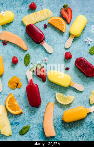 refreshing homemade popsicle from above on slate background with space for text Stock Photo