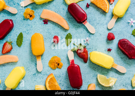 refreshing homemade popsicle from above on slate background with space for text Stock Photo