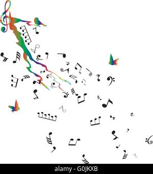vector illustration of a tree branch with musical notes and birds Stock Vector