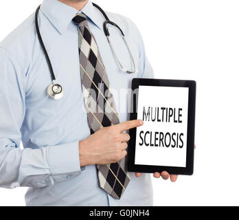Doctor, isolated on white backgroun,  holding digital tablet - Multiple sclerosis Stock Photo