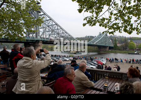 Dresden, Germany. 01st May, 2016. Historical steamboats of the Saxon Steam Navigation make their way along the Elbe river during the traditional fleet parade in Dresden, Germany, 01 May 2016. The vessels stayed in formation as they made their way to Pillnitz Castle and back. Photo: ARNO BURGI/dpa/Alamy Live News Stock Photo