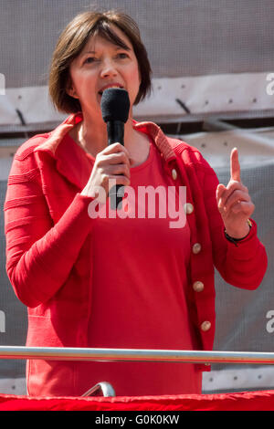 London, UK. 1st May, 2016.  TUC General Secretary  Frances O'Grady  addresses the rally celebrating international Workers Day at Clekenwell Green before they march through London. Peter Marshall/Alamy Live News Stock Photo