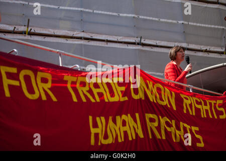 London, UK. 1st May, 2016. Frances O'Grady, General Secretary of the British Trades Union Congress (TUC), addresses the May Day rally on Clerkenwell Green. Credit:  Mark Kerrison/Alamy Live News Stock Photo