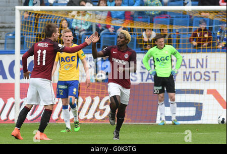 Tiemoko Konate of Sparta, right, receives congratulations from teammate Lukas Marecek after scoring during the Czech football league soccer match FK Teplice vs AC Sparta Praha in Teplice, Czech Republic, on May 1st, 2016.  (CTK Photo/Libor Zavoral) Stock Photo