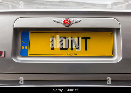 London, UK. 2nd  May 2016. Number plate on a display Bentley. London's Regent Street is closed to traffic for the annual Gumball 3000, with supercars of the past and present, including Lamborghinis, Porsches and Bugattis, related displays and music entertaining the crowds during the afternoon before participating cars make their way through Piccadilly and Mayfair up Regent's Street in the late afternoon. Credit:  Imageplotter News and Sports/Alamy Live News Stock Photo
