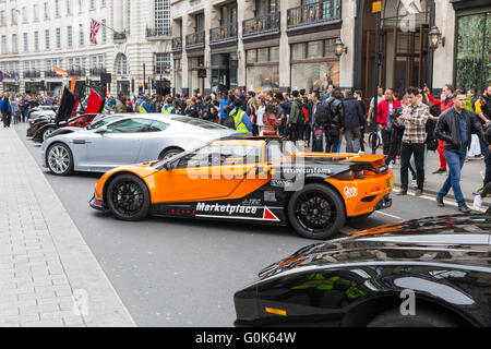 London, UK. 2nd  May 2016. London's Regent Street is closed to traffic for the annual Gumball 3000, with supercars of the past and present, including Lamborghinis, Porsches and Bugattis, related displays and music entertaining the crowds during the afternoon before participating cars make their way through Picadilly and Mayfair up Regent's Street in the late afternoon. Credit:  Imageplotter News and Sports/Alamy Live News Stock Photo