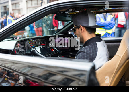 London, UK. 2nd  May 2016. Interior of the  'K.I.T.T.' car from the Knightrider TV series on display. London's Regent Street is closed to traffic for the annual Gumball 3000, with supercars of the past and present, including Lamborghinis, Porsches and Bugattis, related displays and music entertaining the crowds during the afternoon before participating cars make their way through Picadilly and Mayfair up Regent's Street in the late afternoon. Credit:  Imageplotter News and Sports/Alamy Live News Stock Photo