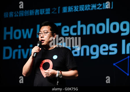 Berlin, Germany. 2nd May, 2016. Zhang Peng, founder of GeekPark, speaks during the special session 'How is Technology Innovations Driving Changes in China' of the 10th 're:publica' internet conference in Berlin, Germany, on May 2, 2016. Over 700 speakers from 60 countries and regions and some 8,000 participants would gather at the 10th 're:publica' internet conference, which annually takes place in Berlin. Credit:  Zhang Fan/Xinhua/Alamy Live News Stock Photo