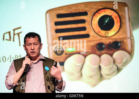 Berlin, Germany. 2nd May, 2016. Zeng Dejun, founder & CEO of Airsmart Audio speaks during the special session 'How is Technology Innovations Driving Changes in China' of the 10th 're:publica' internet conference in Berlin, Germany, on May 2, 2016. Over 700 speakers from 60 countries and regions and some 8000 participants would gather on the 10th 're:publica' internet conference, which annually takes place in Berlin. Credit:  Zhang Fan/Xinhua/Alamy Live News Stock Photo