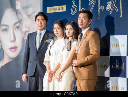 Seoul, South Korea. 2nd May, 2016. Cast members (L-R) Cho Jin-woong, Kim Min-hee, Kim Tae-ri and Ha Jung-woo pose during a press conference for their film, 'The Handmaiden' in Seoul, South Korea. The thriller was invited for the main competition category of the 69th Cannes Film Festival which will be held in Cannes from May 11-22. The movie was adapted from Sarah Waters' novel Fingersmith. Credit:  Lee Jae-Won/AFLO/Alamy Live News Stock Photo