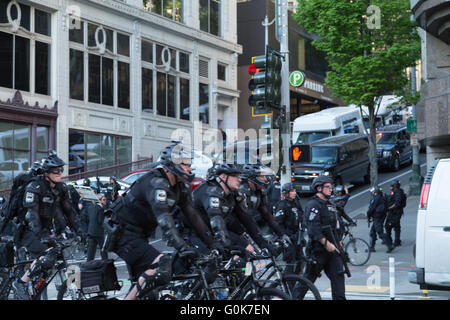 Seattle, WA, USA. 1st May, 2016. Streets are occupied by law enforcement vehicles and bike patrol squad. Maria S./Alamy Live News Stock Photo