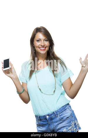 Pretty Happy Woman Holding a Mobile Phone Stock Photo