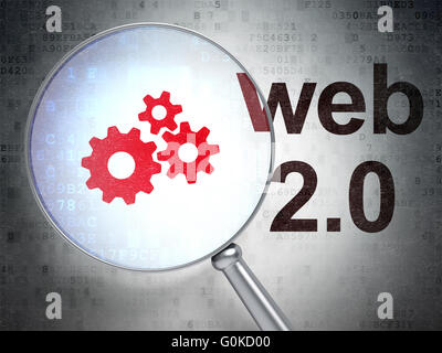 Web development concept: Gears with optical glass on digital background ...