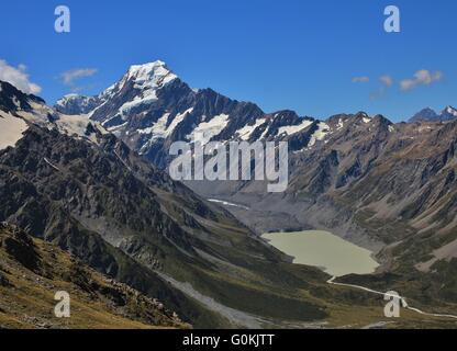 View of Mount Cook. Glacier lake. Beautiful scenery on the way to the Mueller Hut, trekking destination. Stock Photo