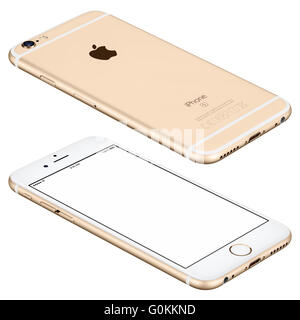 Varna, Bulgaria - October 25, 2015: Gold Apple iPhone 6s mockup lies on the surface with white screen and back side Stock Photo