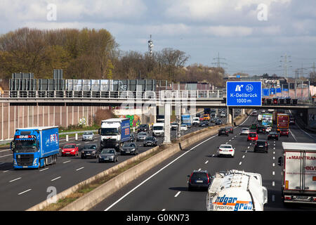 Europe, Germany, North Rhine-Westphalia, Cologne,traffic on the autobahn A 3 near Koeln-Dellbrueck in direction Leverkusen. Stock Photo