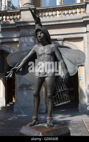 Statue of Papageno, the bird catcher in front of Stadsschouwburg (City Theatre), Bruges Stock Photo