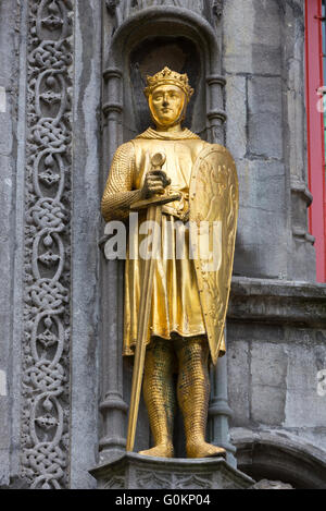 Statue on the façade of The Basilica of the Holy Blood in Burg Square, Bruges, Belgium Stock Photo