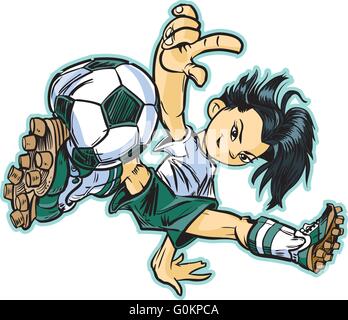 Vector clip art cartoon of an Asian girl using a break dancing move to play soccer. Stock Vector