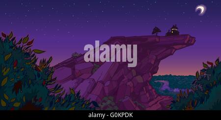Vector Illustration of a quiet and peaceful scene of a house and tree with a tire swing on top of a mountain in the evening. Stock Vector