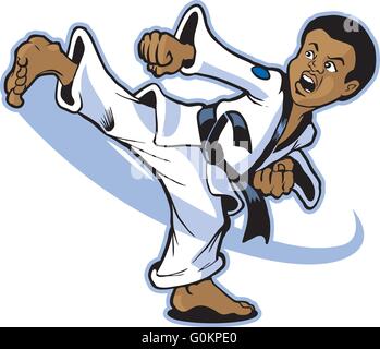 Vector clip art cartoon illustration of a boy martial artist of African ethnicity executing a spinning back kick. Stock Vector
